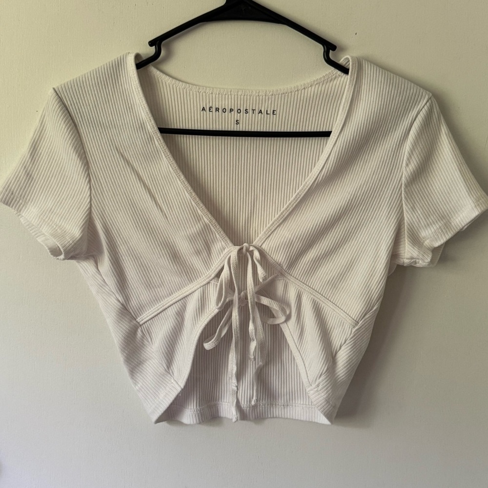 Aeropostale Open Tie Front Ribbed Cropped Top Ivory Small